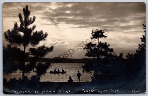 K49/ Torch Lake Michigan RPPC Postcard c1910 Boat Rowing Moon Beebe 504