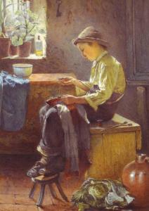 Little Boy in Hut sew sewing Interior by Carlton Smith NEW MDRN Postcard