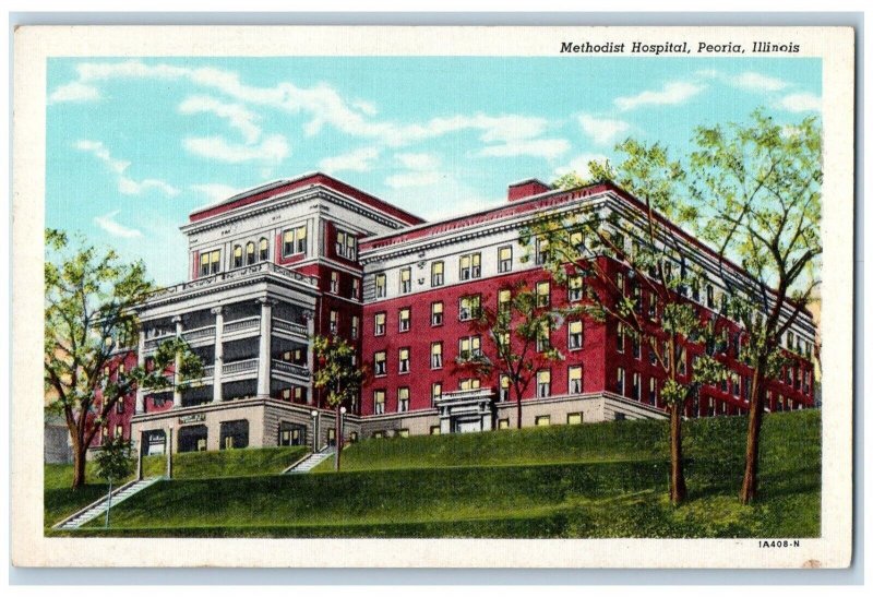 c1940 Exterior View Methodist Hospital Building Peoria Illinois Antique Postcard 