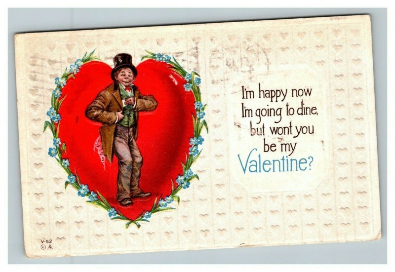 Vintage 1913 Valentines Postcard Hobo with Top Hat Giant Heart Blue Flowers