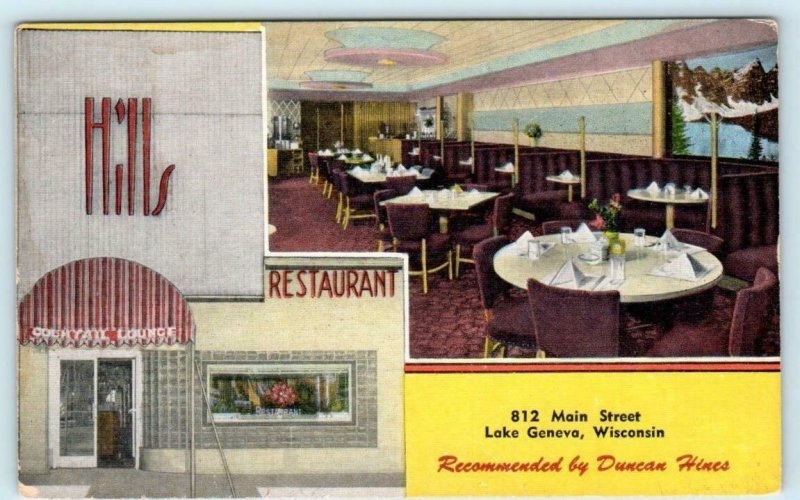 LAKE GENEVA, Wisconsin WI ~ Roadside HILL'S RESTAURANT c1940s Linen Postcard