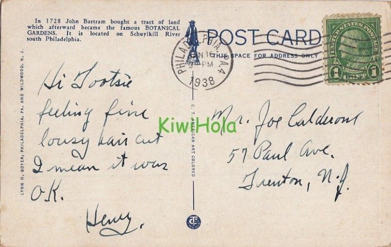 Postcard Bartram Mansion Philadelphia PA 1938