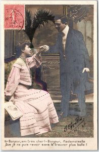 VINTAGE POSTCARD ROMANTIC COUPLE EDWARDIAN FURNITURE EUROPE RPPC MAILED 1906