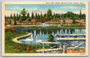 Clinton Iowa~Swan Lake Bridges & Flowers @ Memorial Park~Vintage Linen Postcard