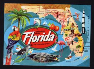 FL Greetings From Florida State Map Postcard, Key West, Tamp, Clearwater, Etc.