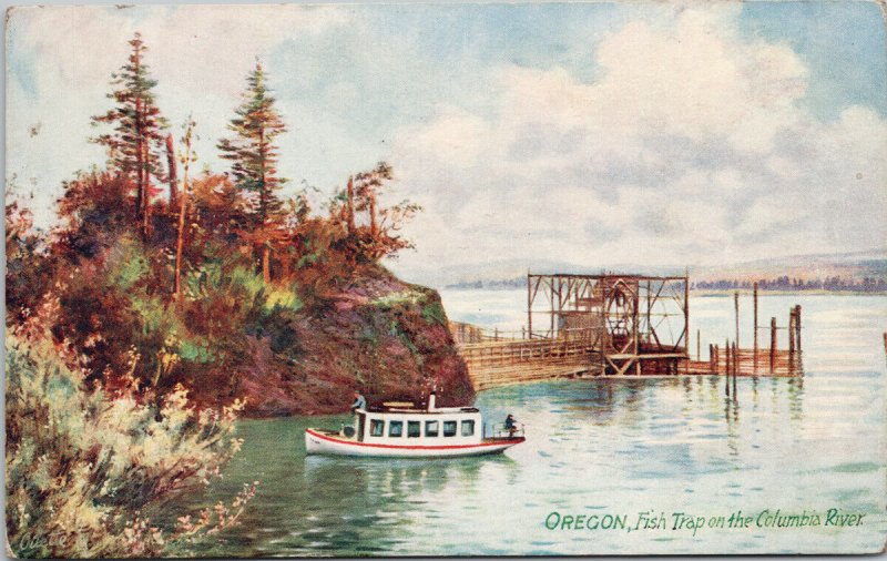 Oregon Fish Trap on Columbia River Fishing Boat c1910 TUCK Postcard G12