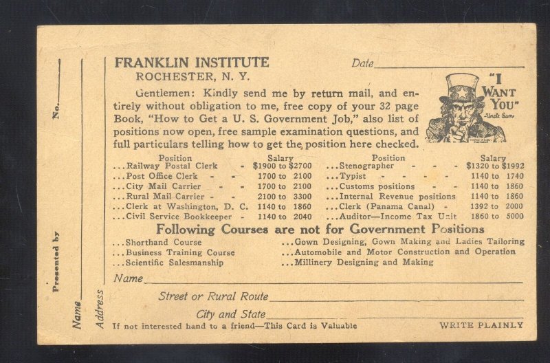 ROCHESTER NEW YORK NY FRANKLIN INSTITUTE UNCLE SAM WANTS YOU VINTAGE POSTCARD