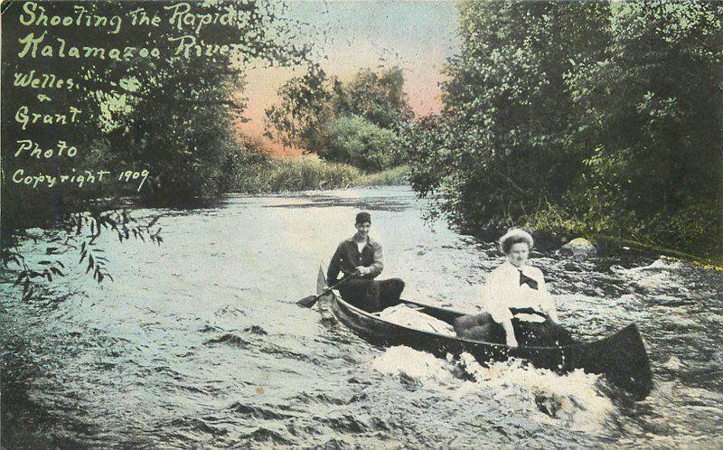 1909 Boat Couple Shooting Rapids Kalamazoo River Grant Michigan postcard 6107 