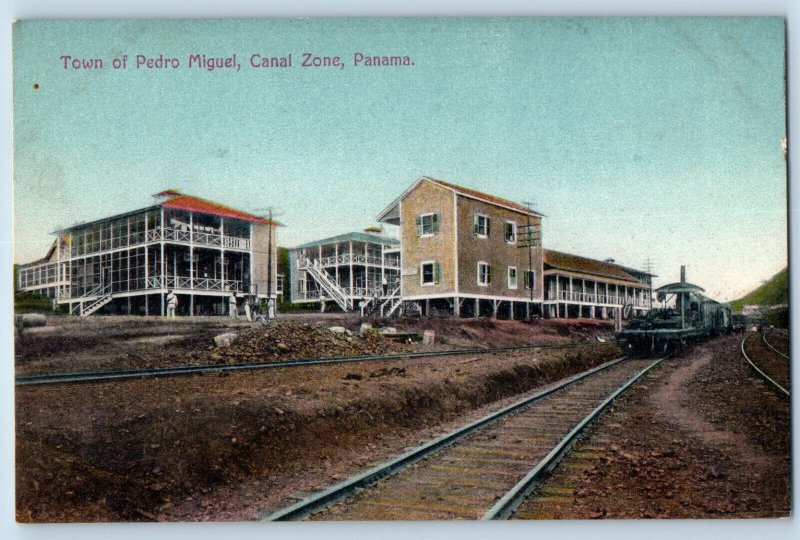 Panama Postcard Town of Pedro Miguel Canal Zone Train Approaching c1910