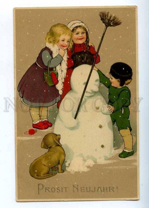 202910 New Year SNOWMAN Friend DACHSHUND Vintage M&B #1546 PC