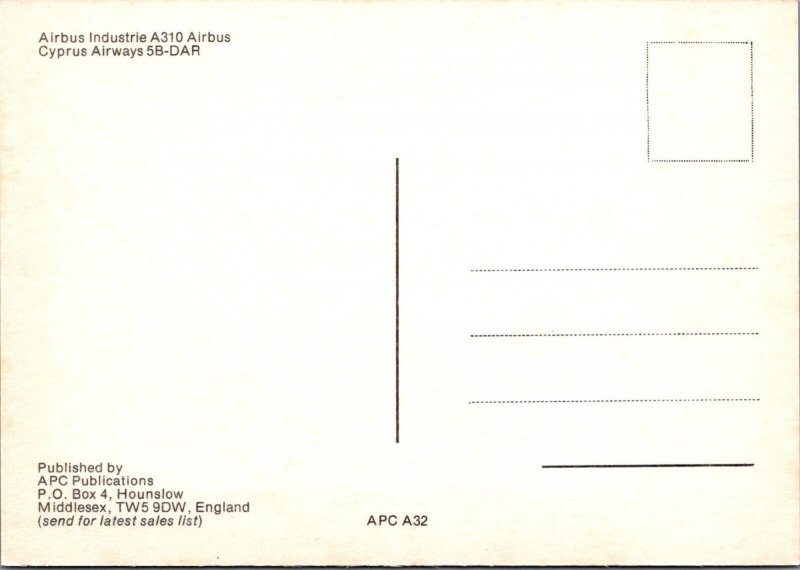 Aviation Postcard - Cyprus Airways 5B-DAR Airbus Aeroplane, Unused RR21981