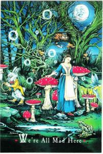 Alice in Wonderland White Rabbit and Mushrooms We're All Mad Here Quote Postcard