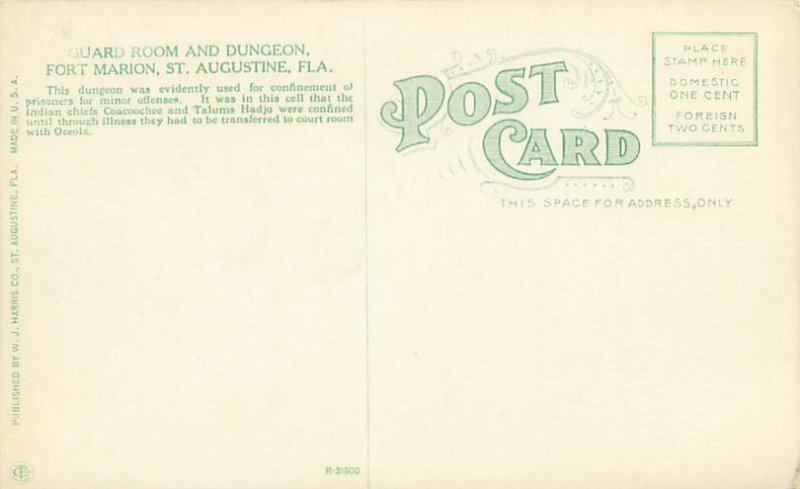 St Augustine Florida Ft Marion Guard Room and Dungeon Litho Postcard