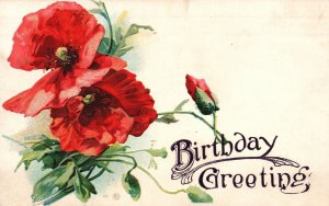 Vintage Postcard Birthday Greetings Red Large Flowers Friendly Wishes Card