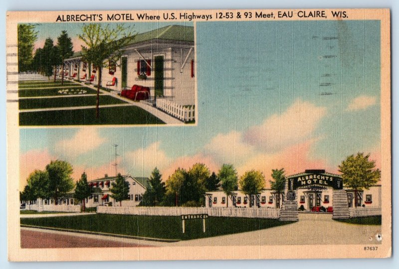 1957 Eau Claire Wisconsin Postcard Albrecht's Motel U.S. Highway Building Posted