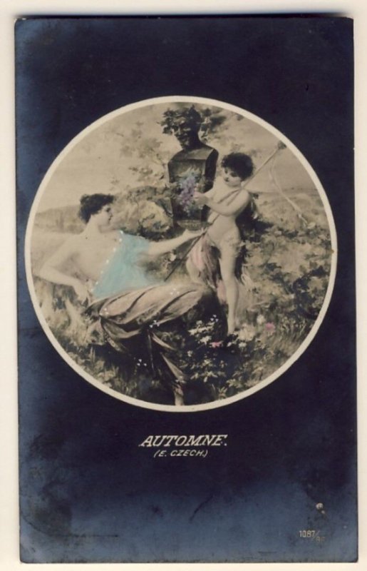 AUTOMNE - E.Czech - HALF TOPLESS WOMAN HOLDING TRAY FOR CHERUB? GRAPES IN - RPPC