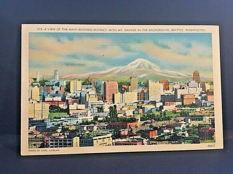 Postcard  View of Seattle Business District, with Mt. Rainier in Background  U1