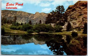 VINTAGE POSTCARD LAKE SCENE AT ESTES PARK COLORADO W/ TWIN OWLS IN BACKGROUND