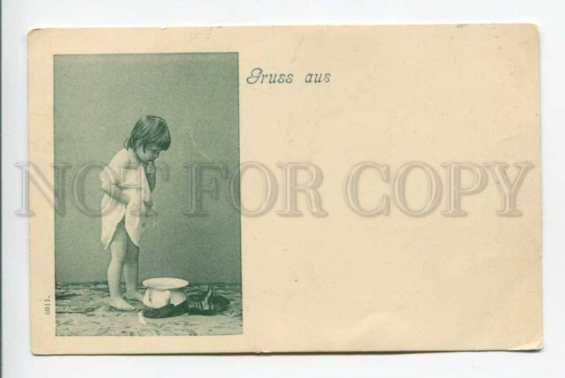 423556 GRUSS AUS Girl in NUGHTY near POT Vintage postcard