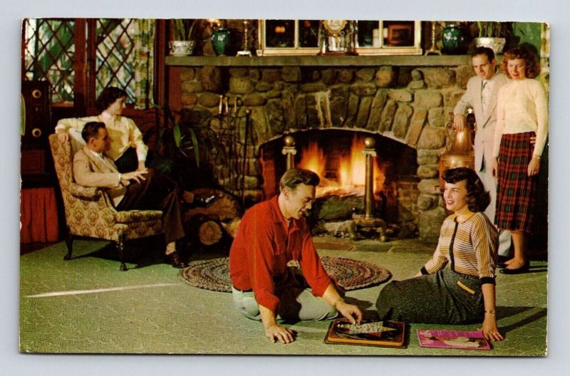 Interior People Playing Games Talking Stricklands Pocono Mountain Inn Postcard 