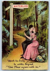 Waterloo Iowa Postcard Much Too Busy To Write Beyond Couple Kissing Scene 1909