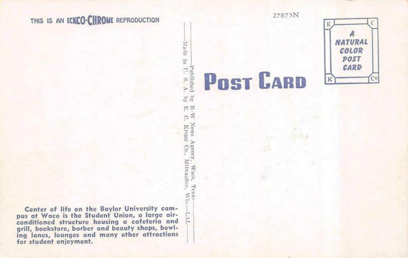 WACO, TX Texas  STUDENT UNION BUILDING~Baylor University   Chrome Postcard