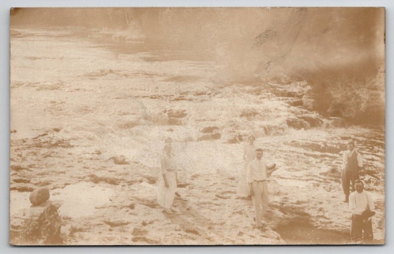 RPPC Victorian People On Rock In Around Flowing River Photo Postcard K30