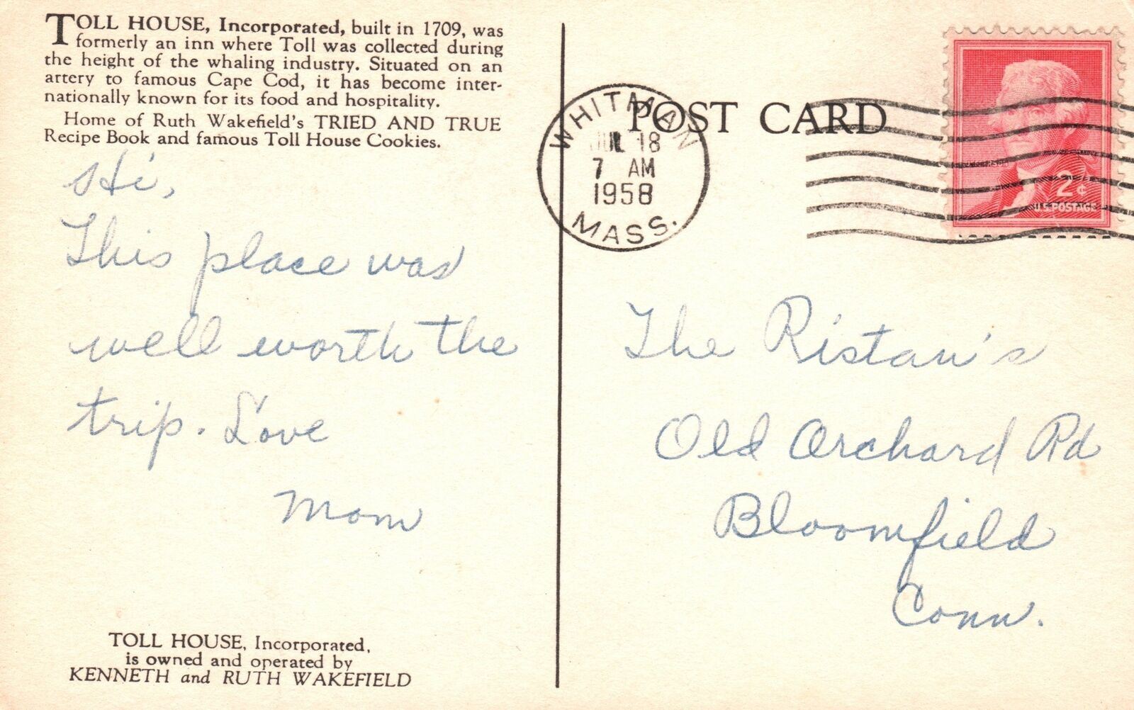 Vintage Postcard 1958 Toll House Incorporated Built 1709 Whitman