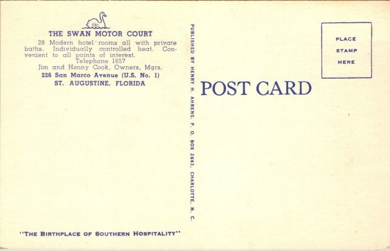 Vintage Florida Postcard - St. Augustine - The Swan Motor Court