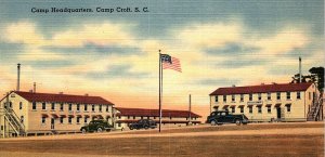 1930s CAMP CROFT SOUTH CAROLINA CAMP HEADQUARTERS CARS FLAG LINEN POSTCARD P394
