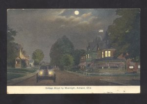 ASHLAND OHIO COTTAGE STREET SCENE AT NIGHT OLD CAR VINTAGE POSTCARD