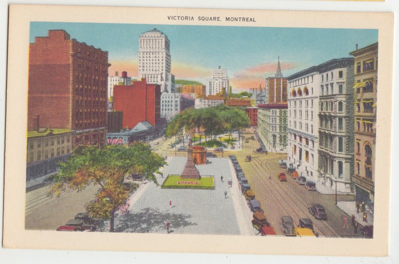 P2996, vintage postcard birds eye view old cars victory square montreal canada