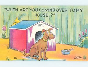 Linen comic signed DOG NAMED REX SITTING OUTSIDE THE DOGHOUSE HL3320