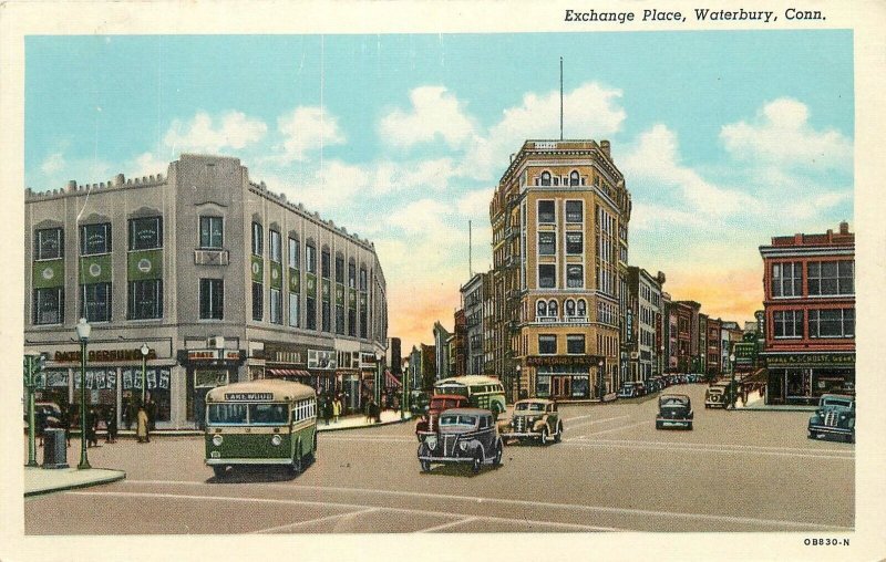 Postcard Connecticut Waterbury Exchange Place Buses Autos Hahn Teich 23-9181