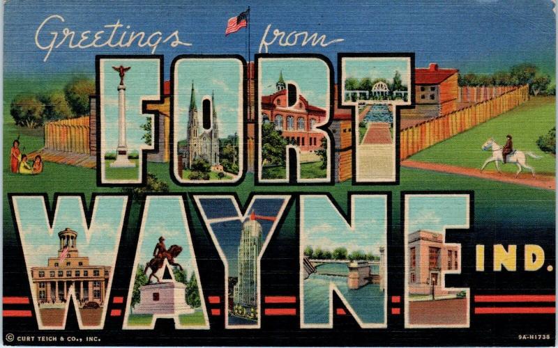 FORT WAYNE, IN Indiana    LARGE LETTER LINEN    1951   Curt Teich    Postcard