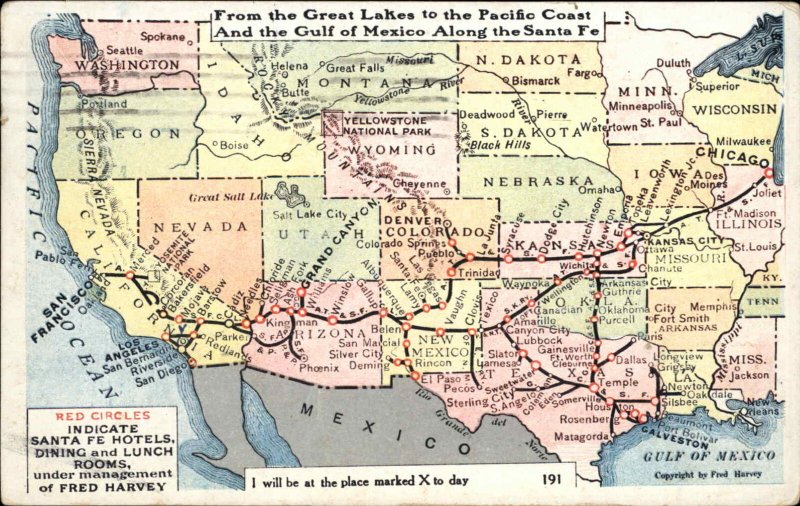 Fred Harvey United States Santa Fe Line Map 1918 Used Postcard