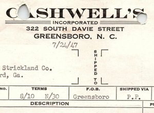 1947 CASHWELL'S GREENSBORO NORTH CAROLINA RF STRICKLAND INVOICE BILLHEAD Z813