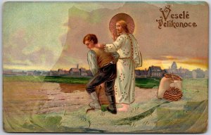 Vesele Velikonoce Jesus and the Farmer Easter French Card Portrait Postcard