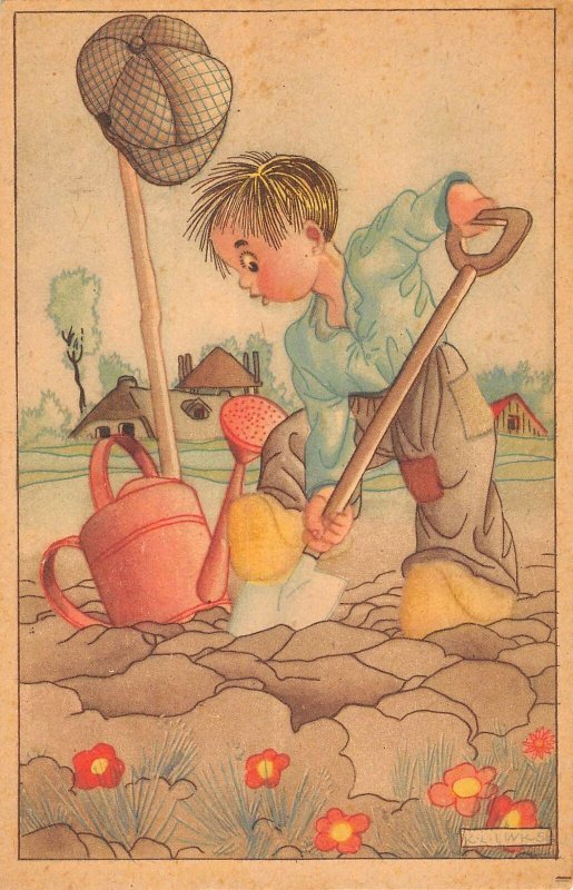 US3117 Boy Working in Garden, Flowers Postcard artist signed Links garden