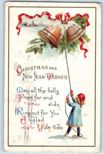 1913 Christmas New Year Child Ringing Bells Pinecone Embossed Antique Postcard