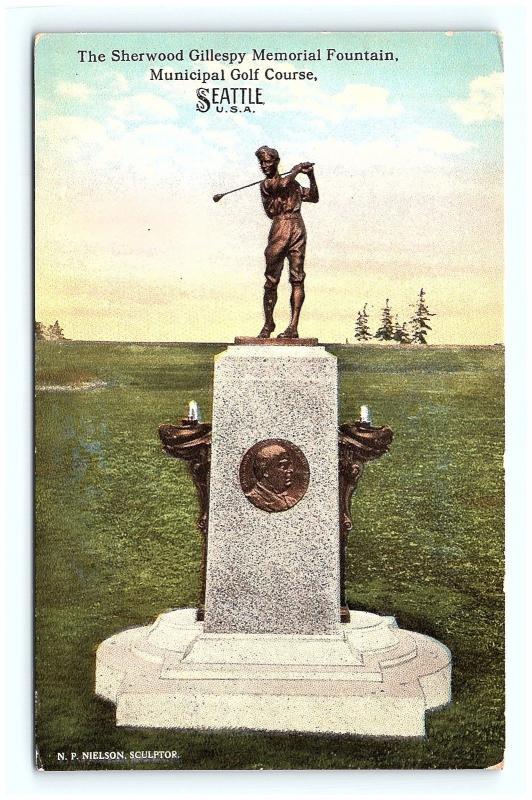 Postcard WA Seattle Sherwood Gillespy Memorial Fountain Muni Golf Course G08