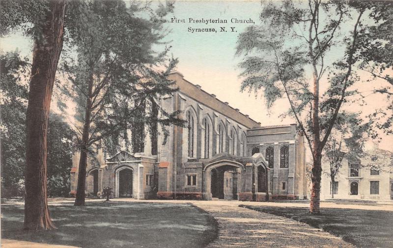 Syracuse New York~First Presbyterian Church~Shaded by Trees~c1910 Colored Pc