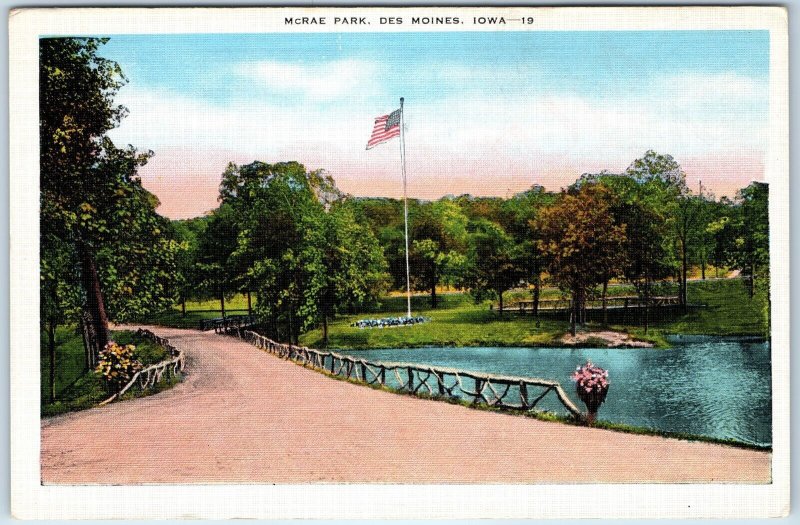 c1910s Des Moines, IA McRae Park Rare Stick Fence Pond Lake Flag Linen PC A243