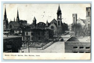 1909 View Of Seven Church Spires Des Moines Iowa IA Posted Antique Postcard