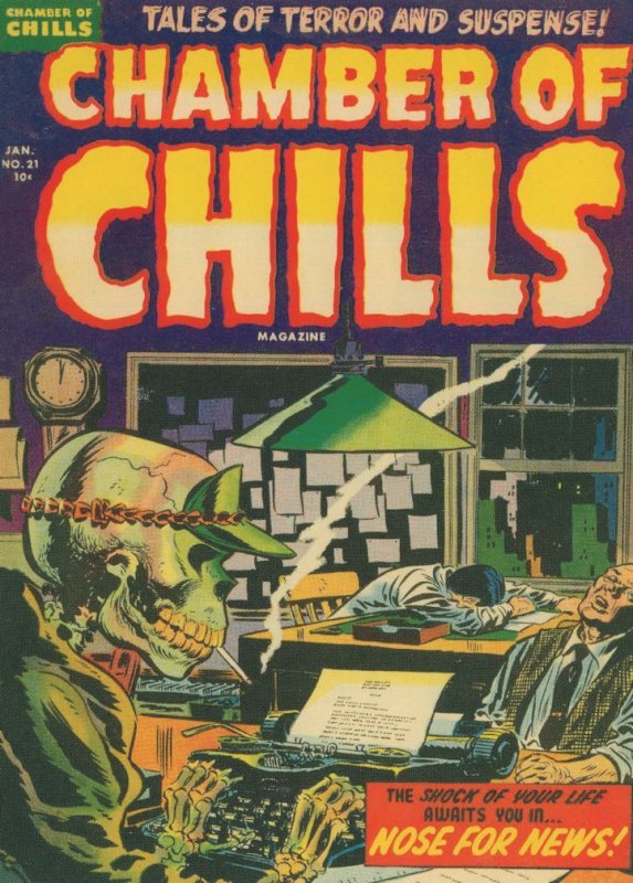 Chamber Of Chills 1950s Comic Skeleton Smoking Typewriter Postcard