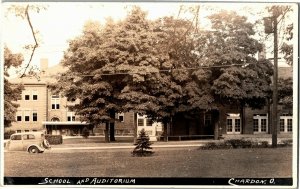 RPPC View of School and Auditorium, Chardon OH Vintage Postcard W27