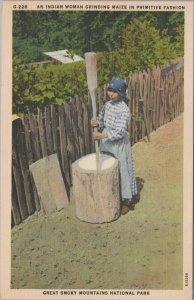Postcard Native American Indian Woman Grinding Maize in Primitive Fashion