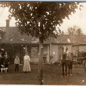 c1910s Lovely Family w/ Horse & Carriage RPPC House Dog Real Photo NY PC A130