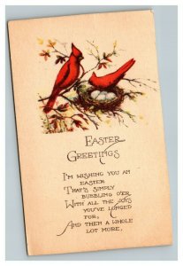 Vintage 1910's Easter Postcard Red Cardinals Nest with Eggs - Easter Poem NICE