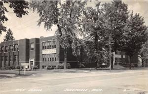 Jonesville Michigan~High School~US 10 Sign in Front~1946 RPPC Real Photo Pc